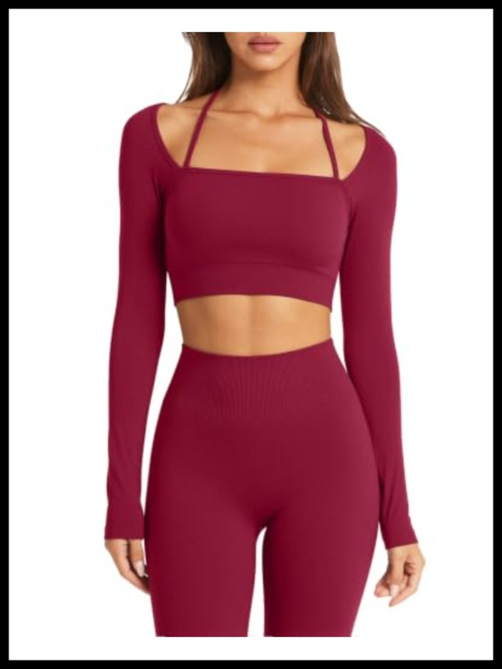 Seamless Ribbed 2 Piece Workout Set Long Sleeve Crop Top Leggings